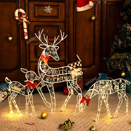 3PCS Christmas Reindeer Family Lighted Deer Christmas Decoration LED Lights Glowing Reindeer Xmas Home Outdoor Garden Sculpture