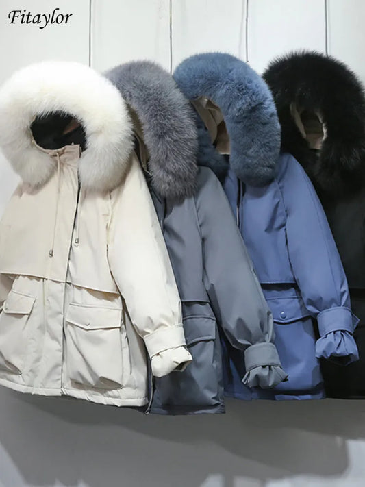 Fitaylor Winter Jacket Women Large Natural Fox Fur White Duck Down Coat Thick Parkas Warm Sash Tie Up Zipper Down Snow Outerwear